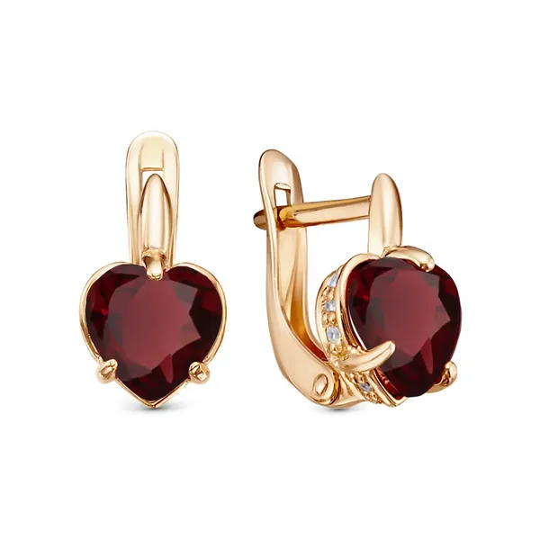 Серьги из серебра с гранатом и фианитом, золочение