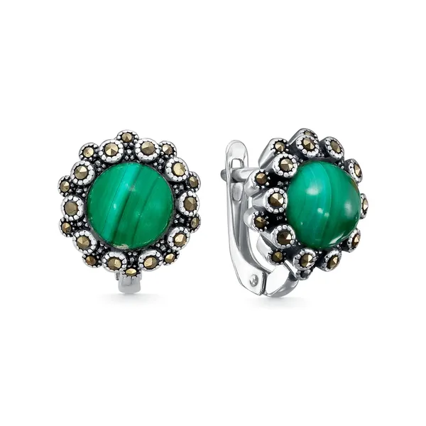 Серьги из серебра с малахитом и марказитом, оксид