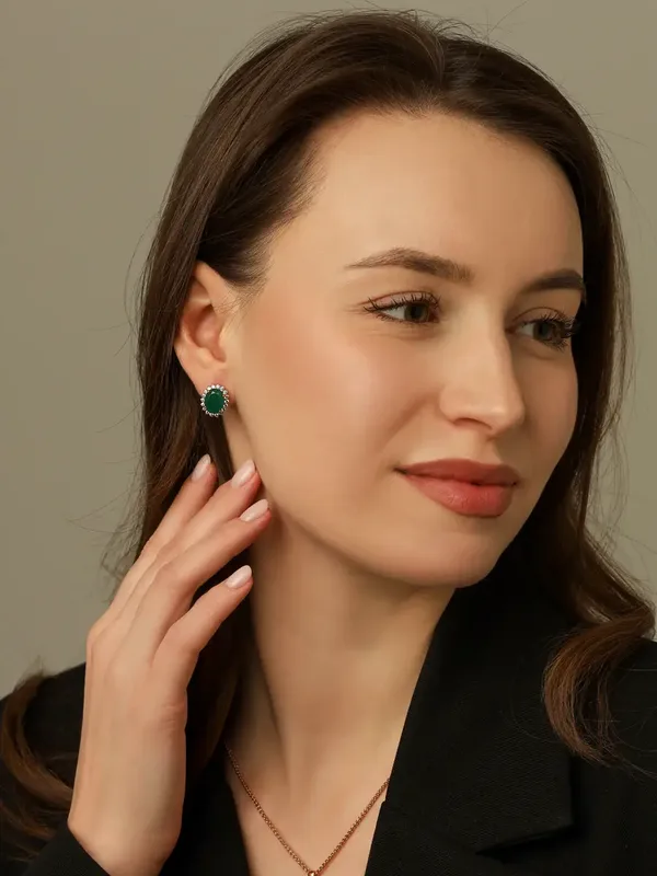 Серьги из серебра с с агатом и фианитом, золочение