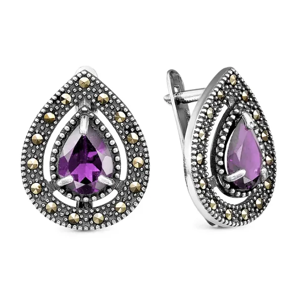 Серьги из серебра с аметистом и марказитом, оксид
