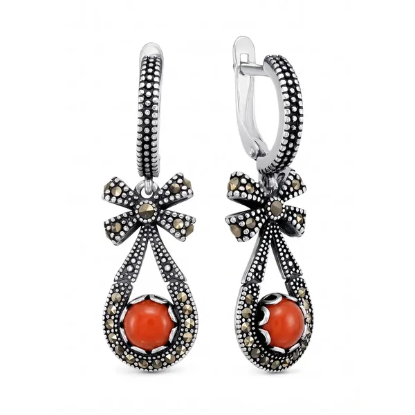 Серьги из серебра с кораллом и марказитом, оксид