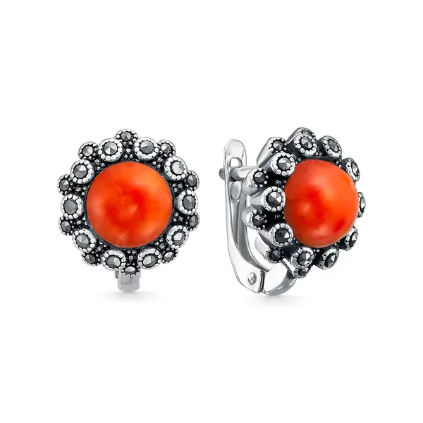 Серьги из серебра с кораллом и марказитом, оксид