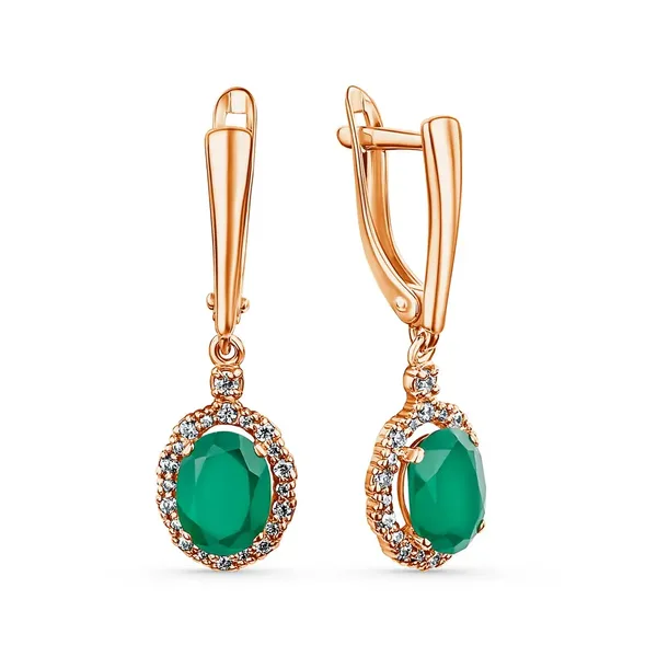 Серьги из серебра с с агатом и фианитом, золочение