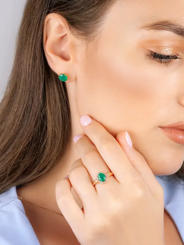 Кольцо из серебра с с агатом и фианитом, золочение