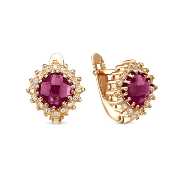 Серьги из серебра с рубином, фианитом и корундом, золочение