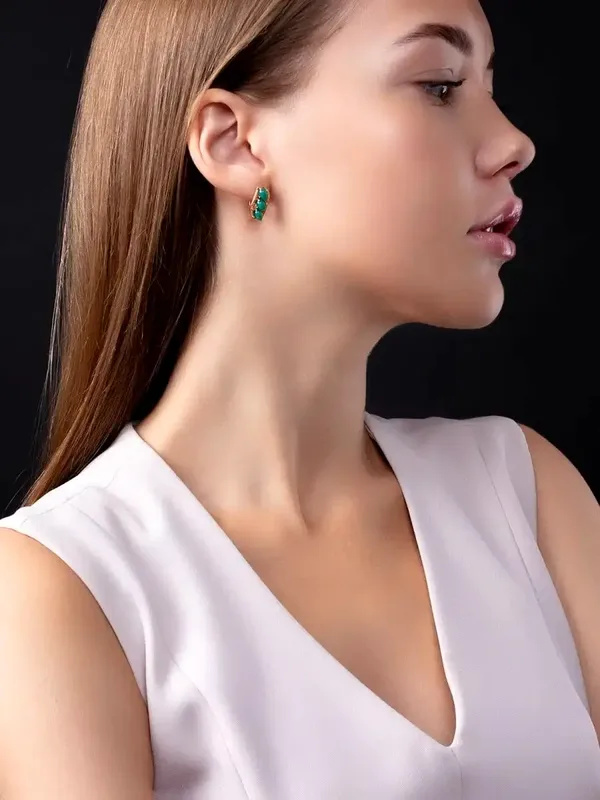 Серьги из серебра с с агатом и фианитом, золочение