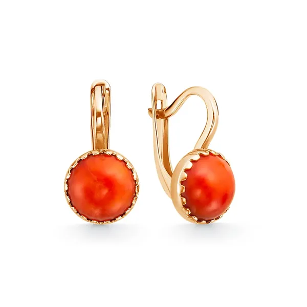 Серьги из серебра с кораллом, золочение