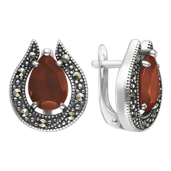 Серьги из серебра с гранатом и марказитом, оксид