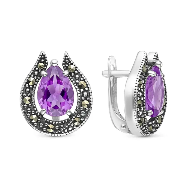 Серьги из серебра с аметистом и марказитом, оксид