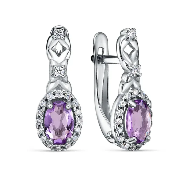 Серьги из серебра с аметистом и фианитом, родий