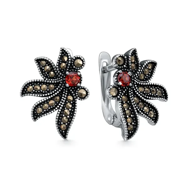 Серьги из серебра с марказитом и гранатом, оксид