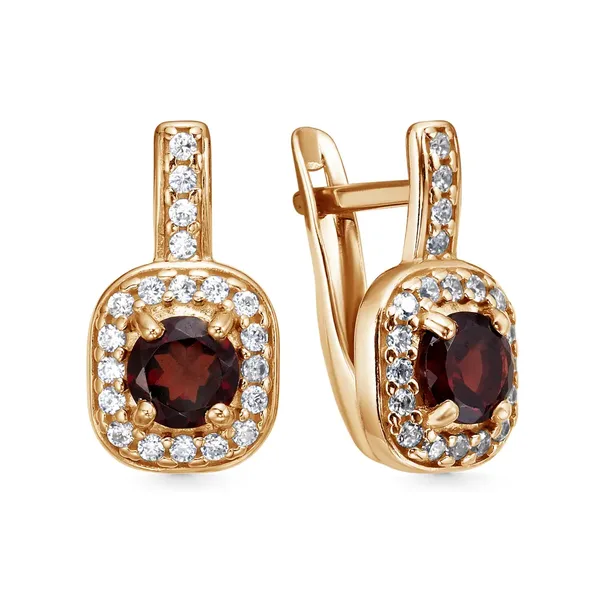 Серьги из серебра с гранатом и фианитом, золочение