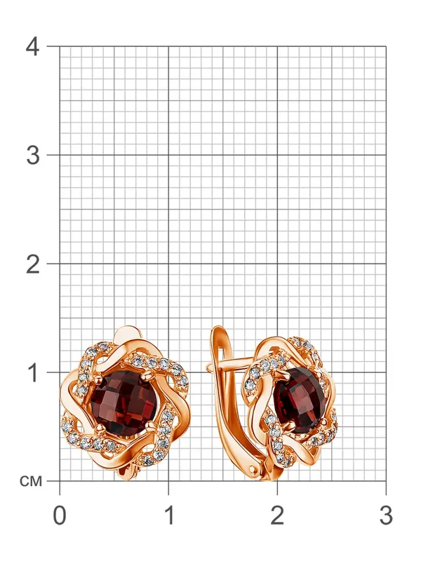 Серьги из серебра с гранатом и фианитом, золочение