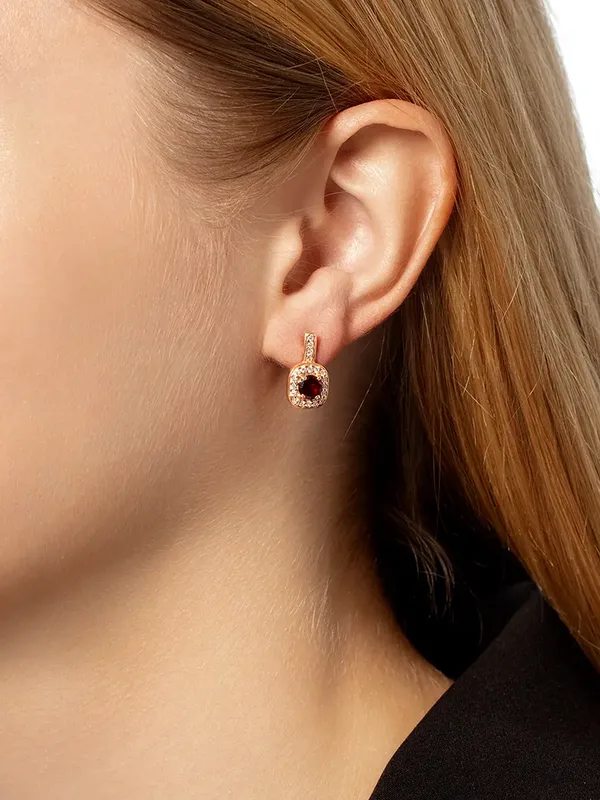 Серьги из серебра с гранатом и фианитом, золочение