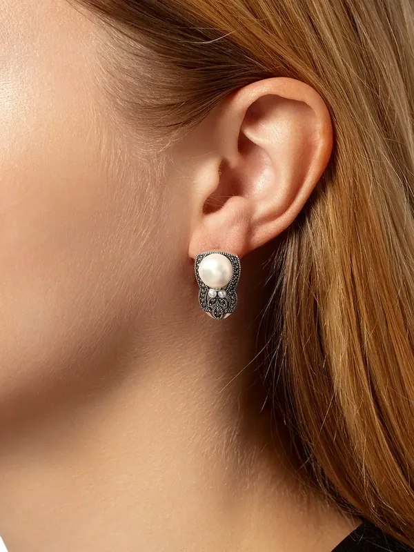 Серьги из серебра с жемчугом и марказитом, оксид