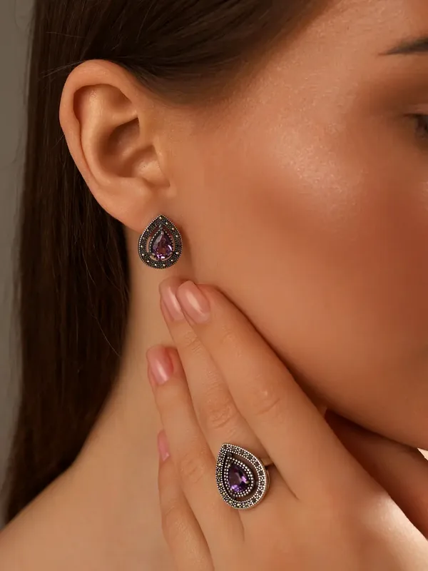 Серьги из серебра с аметистом и марказитом, оксид