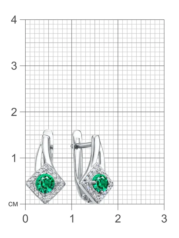 Серьги из серебра с изумрудом и фианитом, родий