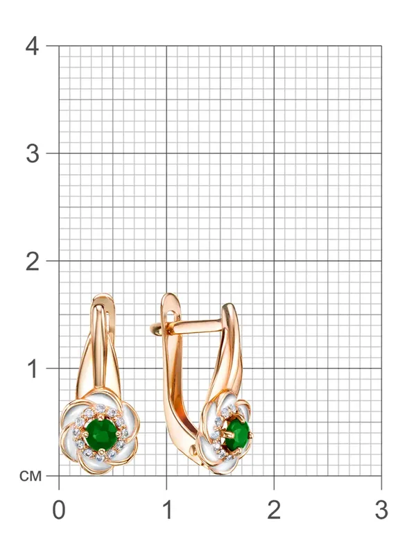 Серьги из серебра с изумрудом и фианитом, золочение/эмаль