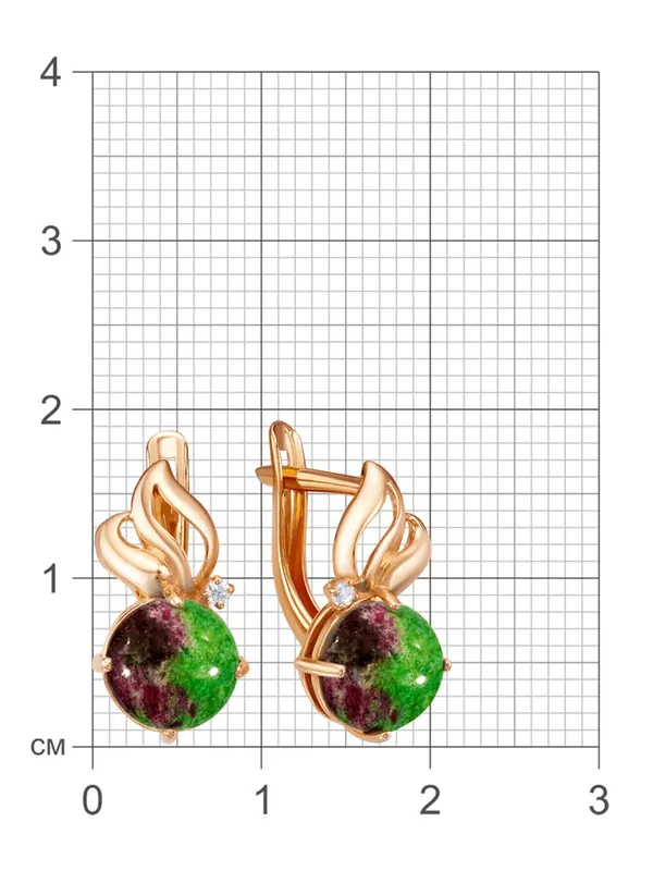 Серьги из серебра с цоизитом и фианитом, золочение