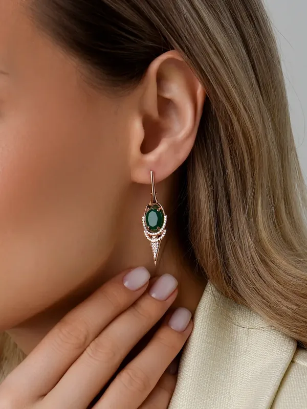 Серьги из серебра с с агатом и фианитом, золочение