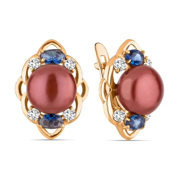Серьги из серебра с жемчугом и фианитом, золочение