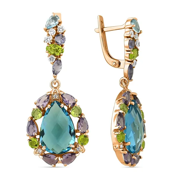 Серьги из серебра с аметистом, топазом, фианитом и хризолитом, золочение
