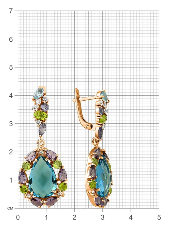 Серьги из серебра с аметистом, топазом, фианитом и хризолитом, золочение
