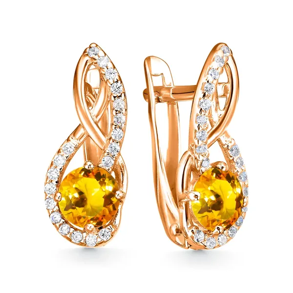 Серьги из серебра с цитрином и фианитом, золочение