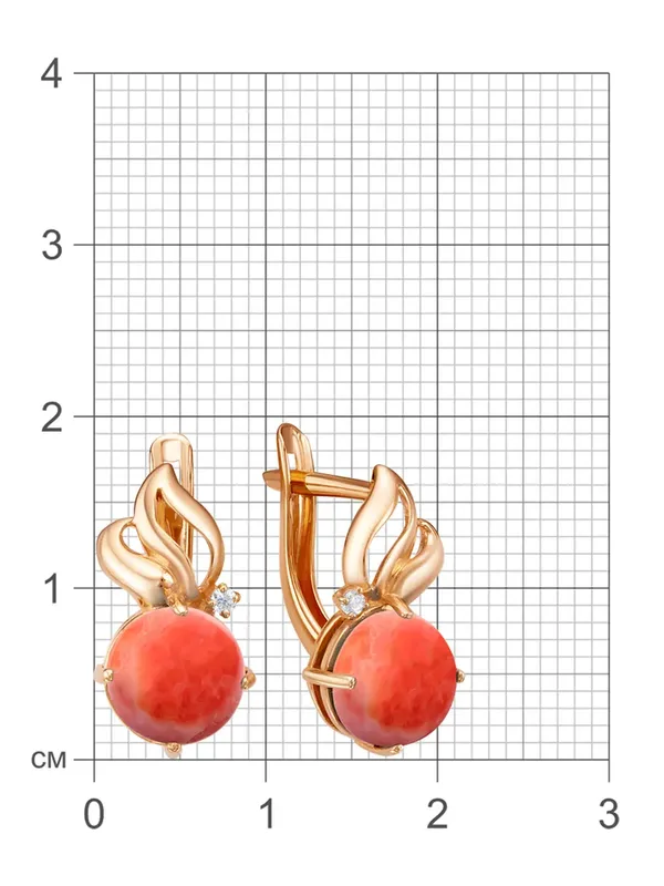 Серьги из серебра с кораллом и фианитом, золочение