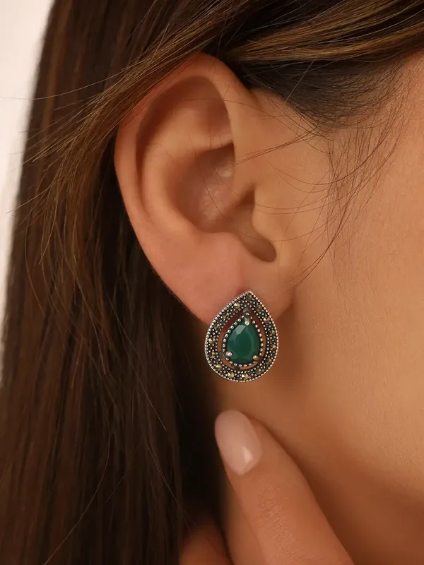 Серьги из серебра с с агатом и марказитом, оксид