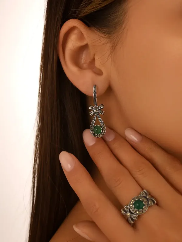 Серьги из серебра с с агатом и марказитом, оксид