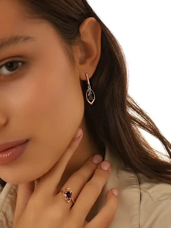 Серьги из серебра с гранатом и фианитом, золочение