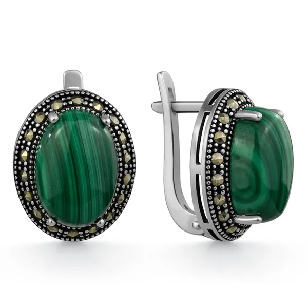 Серьги из серебра с малахитом и марказитом, оксид