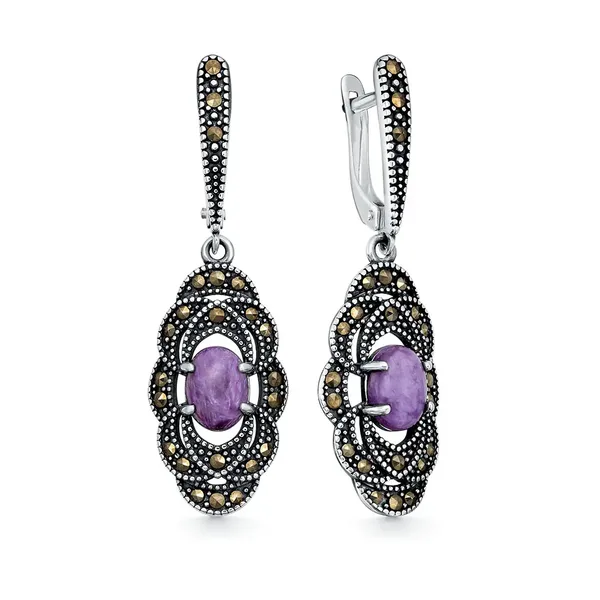 Серьги из серебра с чароитом и марказитом, оксид
