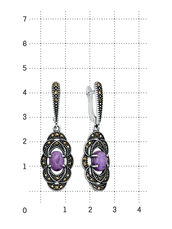 Серьги из серебра с чароитом и марказитом, оксид