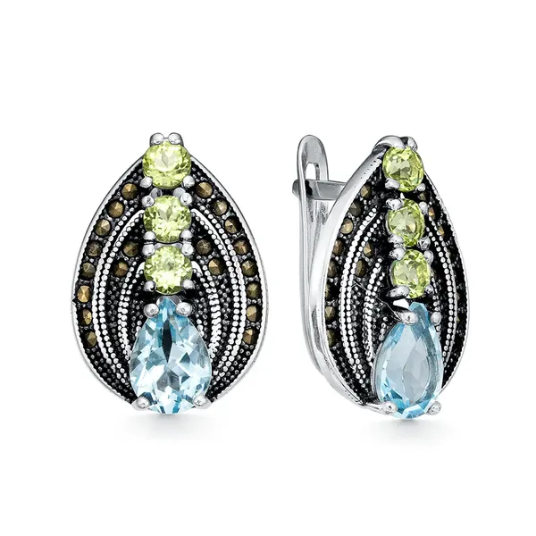 Серьги из серебра с топазом, хризолитом и марказитом, оксид