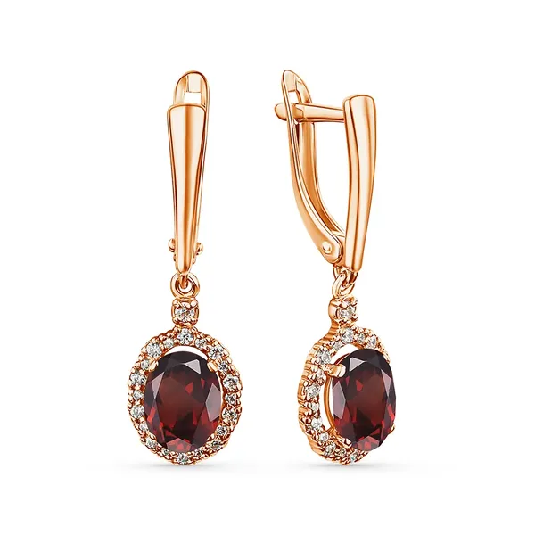 Серьги из серебра с гранатом и фианитом, золочение