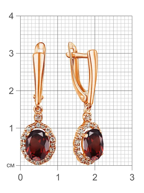 Серьги из серебра с гранатом и фианитом, золочение