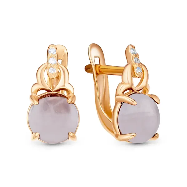 Серьги из серебра с кварцем и фианитом, золочение