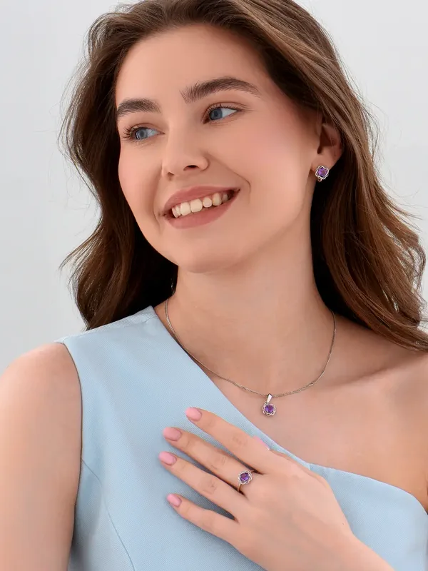 Серьги из серебра с аметистом, родий