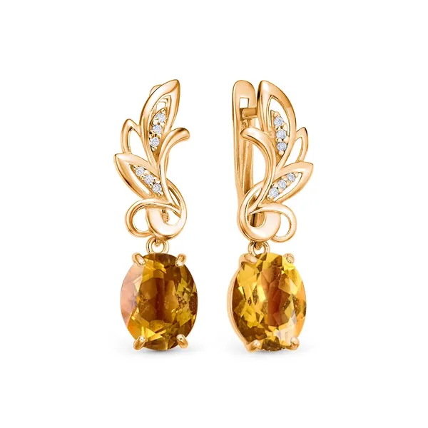 Серьги из серебра с цитрином и фианитом, золочение