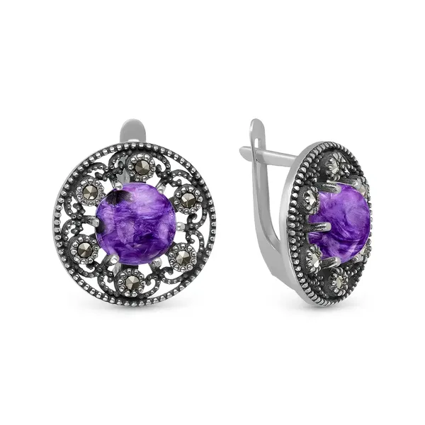 Серьги из серебра с чароитом и марказитом, оксид