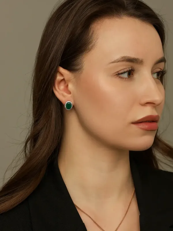 Серьги из серебра с с агатом и фианитом, золочение