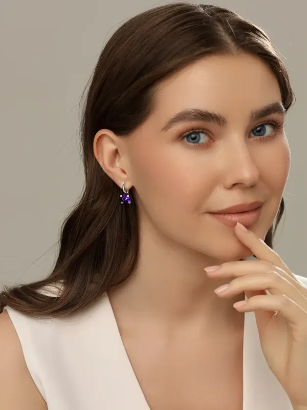 Серьги из серебра с ювелирным кристаллом, фианитом, аметистом и кварцем, оксид