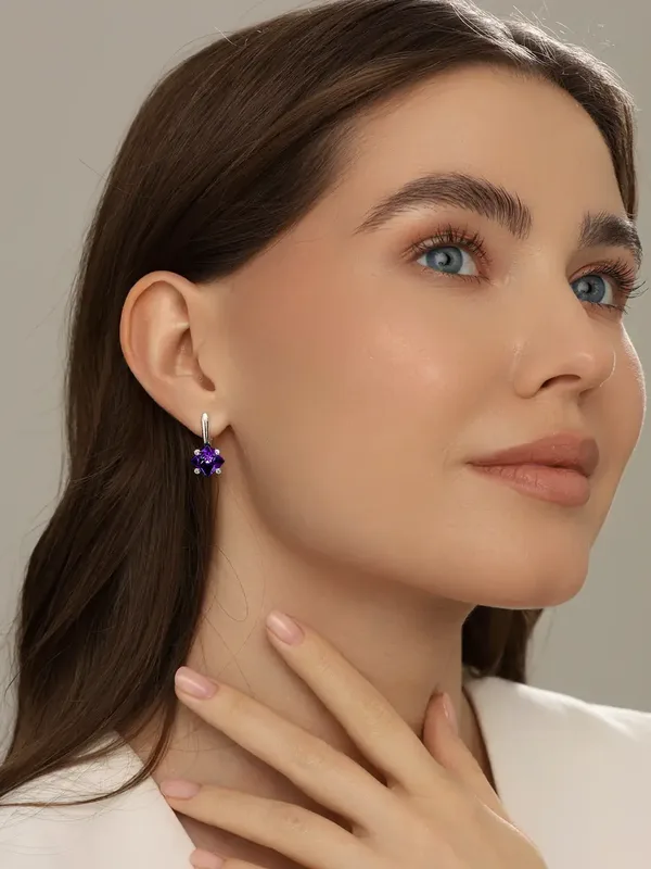 Серьги из серебра с ювелирным кристаллом, фианитом, аметистом и кварцем, оксид