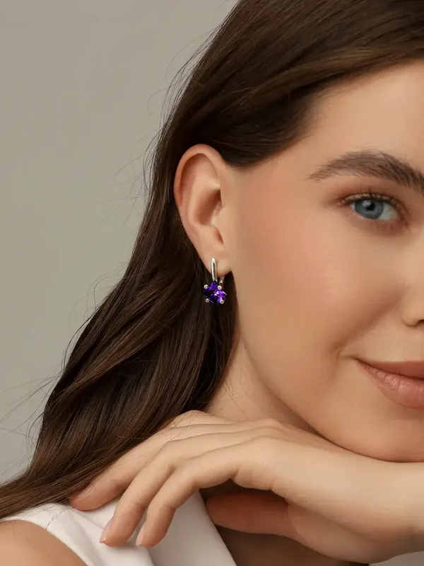 Серьги из серебра с ювелирным кристаллом, фианитом, аметистом и кварцем, оксид