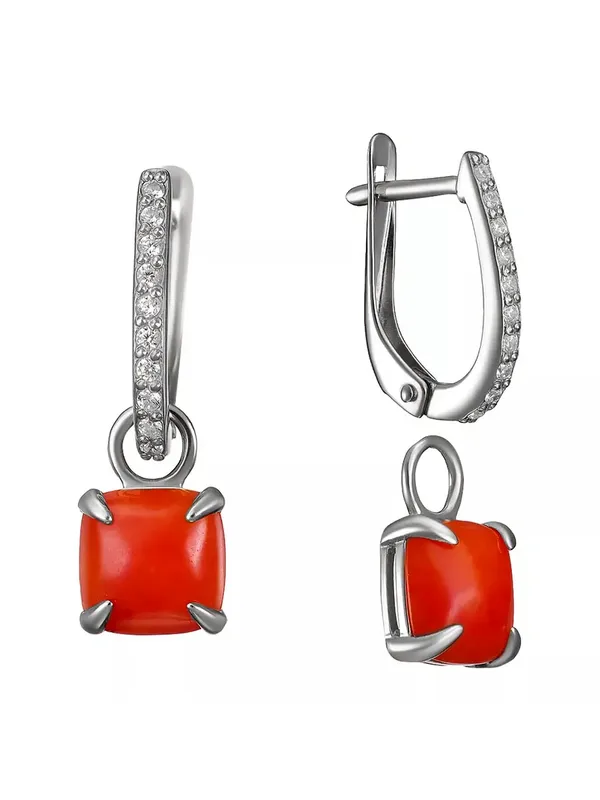 Серьги из серебра с кораллом и фианитом, родий