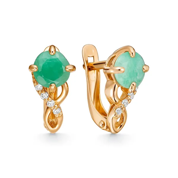 Серьги из серебра с изумрудом и фианитом, золочение