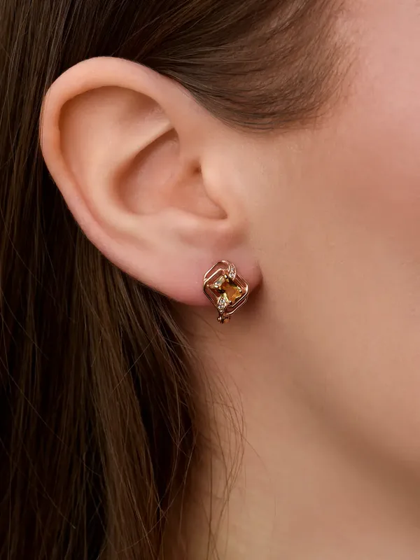 Серьги из серебра с цитрином и фианитом, золочение