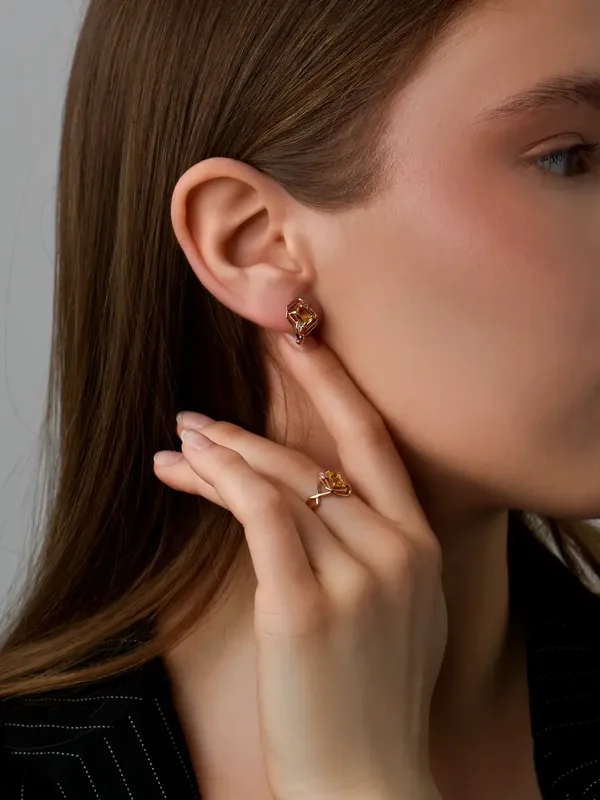 Серьги из серебра с цитрином и фианитом, золочение